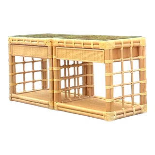 Late 20th Century Vintage a Coastal Grid Rattan Nightstands - a Pair For Sale