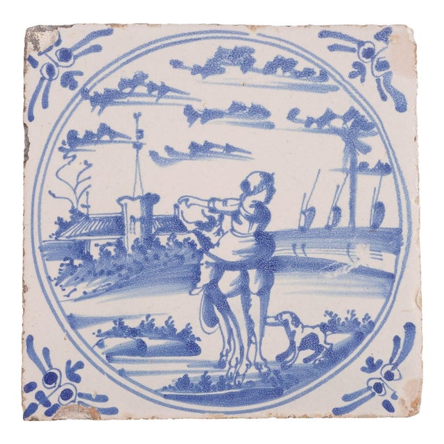 Delft Scenic Tile of Girl Astride a Farm Animal, C. 1600's For Sale