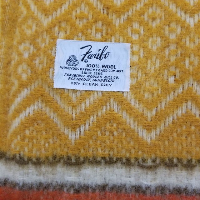 Vintage 1970s Faribo Orange Gold Creme Wool Throw Blanket Fringe