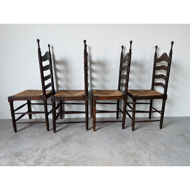 Vintage French Country Style Oak Ladder Back Rush Seat Dining Chairs – Set of 4 For Sale - Image 9 of 18