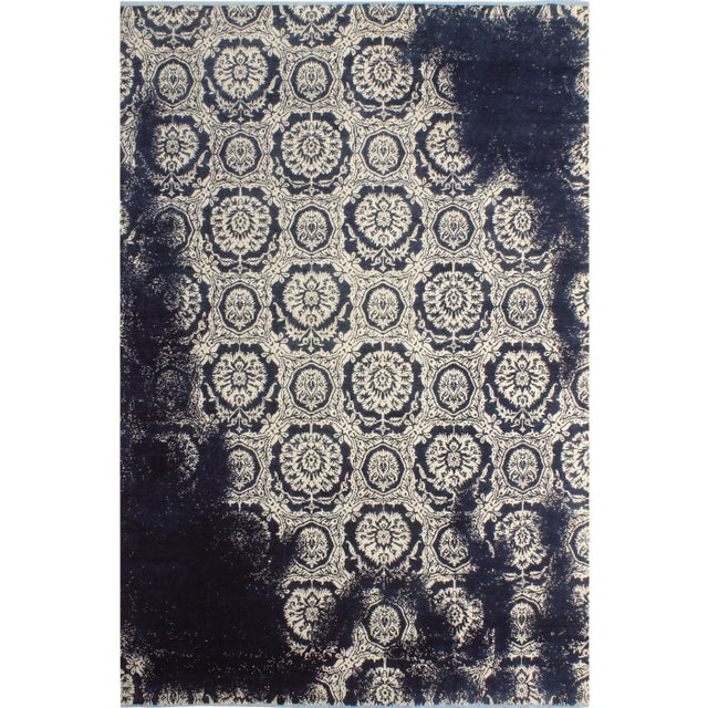 1990s Abstract Modern Blue/Ivory Wool & Silk Rug - 9'1 X 12'3 For Sale