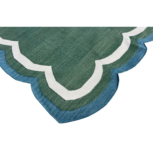 Casa Cosima Handmade Cotton Flat Weave Area Rug, Forest Green, Cream and Teal Blue Scalloped Dhurrie - 8'x10' For Sale - Image 4 of 14