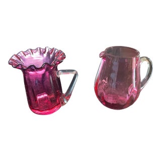 Vintage Cranberry Pilgram Glass Milk Mini Pitchers - Pair For Sale
