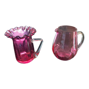 Vintage Cranberry Pilgram Glass Milk Mini Pitchers - Pair