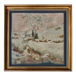 Antique English Pastoral Woolwork Embroidery With Stag, Hounds and Rabbit, 19th Century For Sale