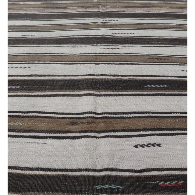 Tribal Vintage Turkish Kilim Rug With Ivory, Brown, Olive and Red Stripes For Sale - Image 3 of 11