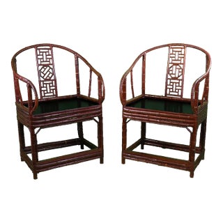 Pair of Chinoiserie Burgundy Barrel Chairs For Sale