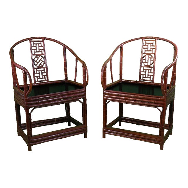 Pair of Chinoiserie Burgundy Barrel Chairs For Sale
