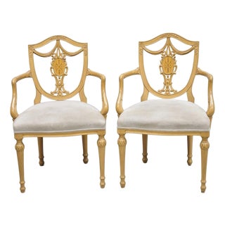 Late 20th Century Hepplewhite Prince of Wales Drape Carved Shield Back Dining Arm Chairs - A Pair For Sale