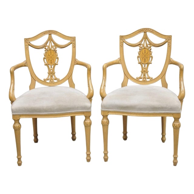 Late 20th Century Hepplewhite Prince of Wales Drape Carved Shield Back Dining Arm Chairs - A Pair For Sale