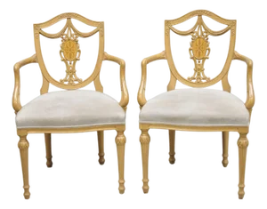 Late 20th Century Hepplewhite Prince of Wales Drape Carved Shield Back Dining Arm Chairs - A Pair
