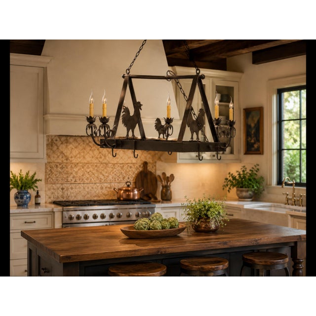 Striking vintage 8-light wrought iron chandelier featuring whimsical rooster motifs and an ingenious design with six...