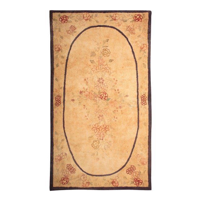 1900s Beige Floral Folk Art Antique American Hooked Rug 4'2"x 7'0" Handwoven Wool Carpet For Sale