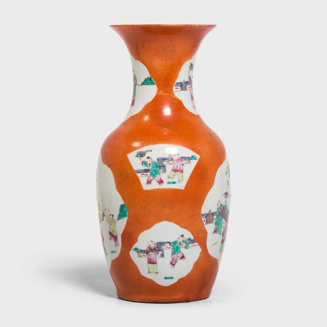 1920s Chinese Persimmon Phoenix Tail Vase With Cartouche Paintings For Sale - Image 4 of 7
