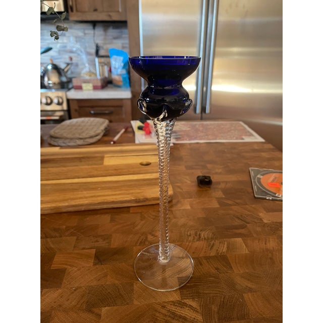 Romanian Cobalt Blue Glass Candleholders: Handcrafted Crystal Set For Sale - Image 4 of 9