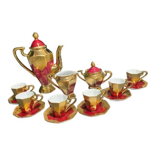 Vintage Limoges China Red & 22k Gold Espresso/Tea Set – 15 Pc For Sale