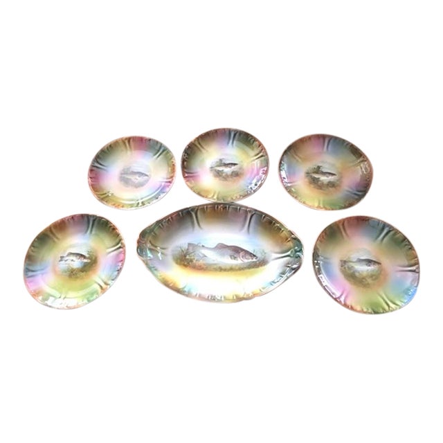 Antique German Game Fish Platter & Plates Set For Sale