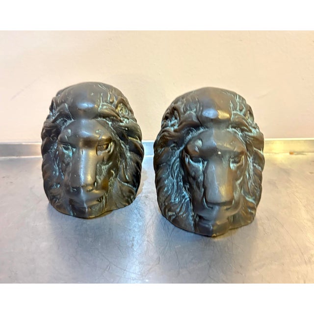 Mid-Century Modern San Pacific Heavy Brass Lion Head Bookends For Sale - Image 3 of 5
