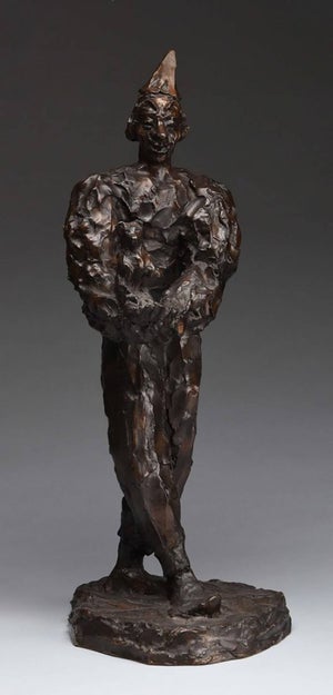 Agnes Yarnall, Clown Holding Teddy Bear, Unique Bronze Expressionist Sculpture