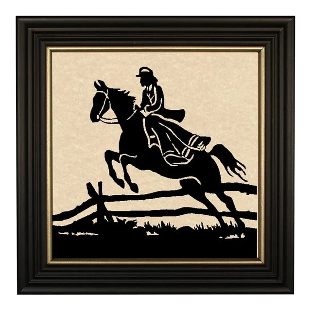 Woman Rider Jumping Fence Silhouette in Black Frame With Gold Trim For Sale