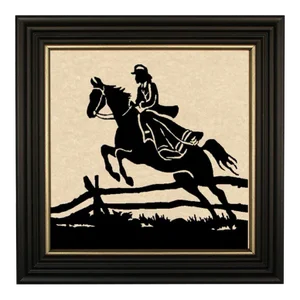 Woman Rider Jumping Fence Silhouette in Black Frame With Gold Trim