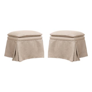 Skirted Linen Ottomans, Beige on Natural Oak, Sets of 2 For Sale