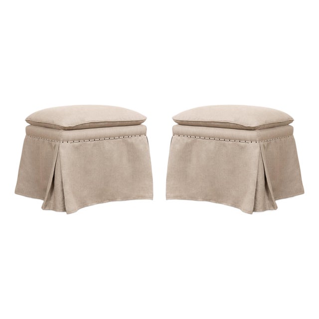Skirted Linen Ottomans, Beige on Natural Oak, Sets of 2 For Sale