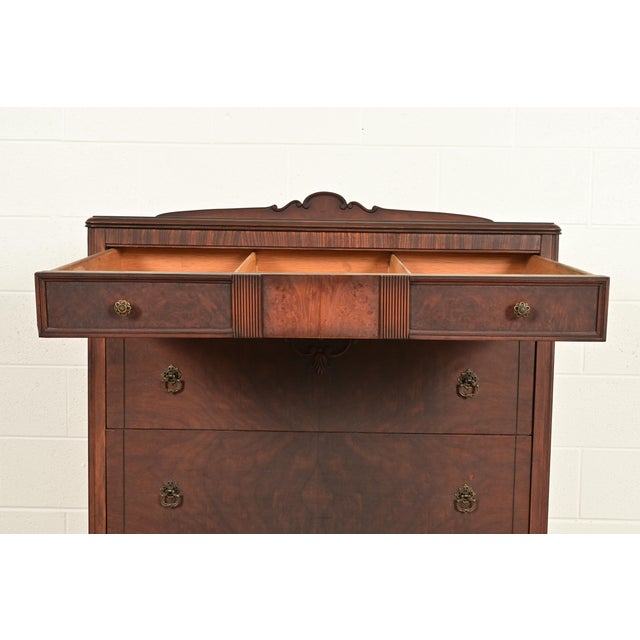 Brown Berkey & Gay Style French Regency Louis XVI Carved Burled Walnut Highboy Dresser, Circa 1920s For Sale - Image 8 of 16