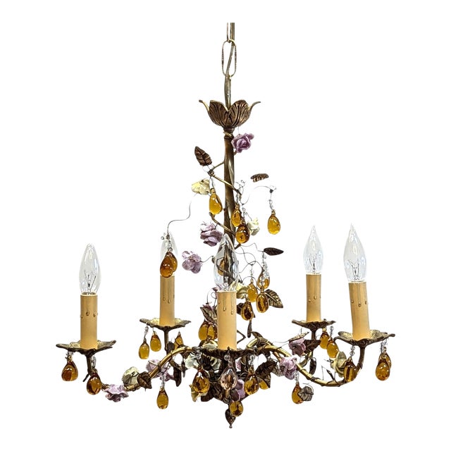 1940 French Tole Bronze With Ceramic Flowers Chandelier For Sale