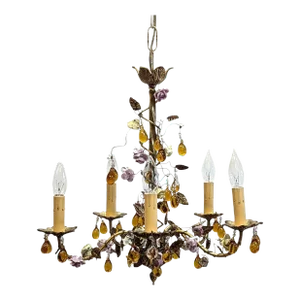 1940 French Tole Bronze With Ceramic Flowers Chandelier
