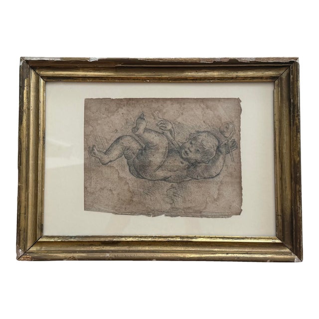 Antique French Child’s Sketch in Gilt Frame For Sale
