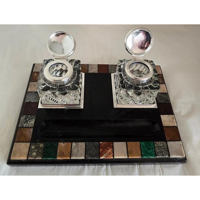 A fine and unusually complete Victorian desk standish or twin inkwell stand, dating to circa 1860–1870 and constructed...