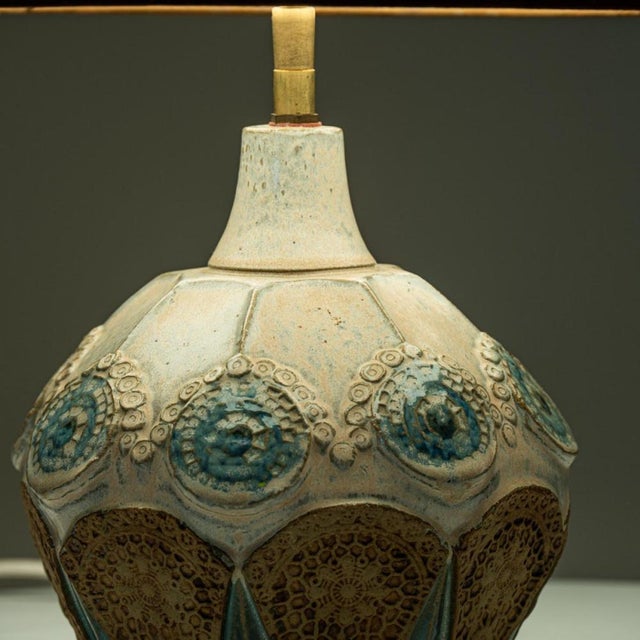 Round Ceramic Table Lamp with Silk Lampshade attributed to René Houben, 1970s For Sale - Image 11 of 15