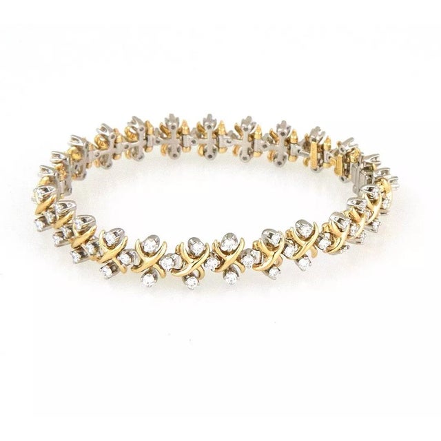 Metal Tiffany & Co. Schlumberger Diamond Bracelet 18k Gold Platinum X Link Style For Sale - Image 7 of 9