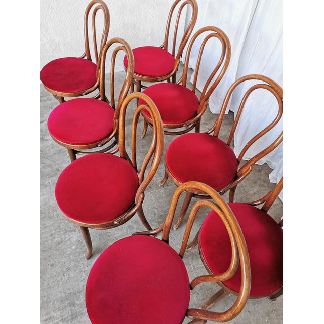 Set of 8 vintage bentwood dining chairs from the 1970s, made in the style of Thonet. The chairs feature a classic curved...