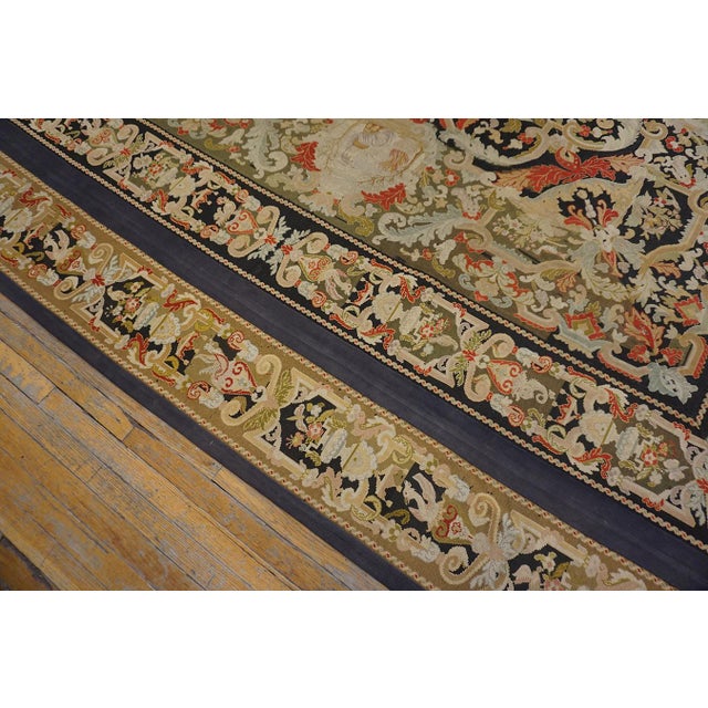 1870s Tan Camel Medallion Antique French Needlepoint Rug 11' X 11' Flatweave Wool Silk Carpet For Sale - Image 4 of 11