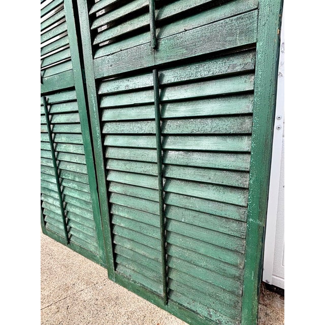 Wood Antique American Green Farmhouse Shutter 19th C Architectural Salvage- Pair For Sale - Image 7 of 8