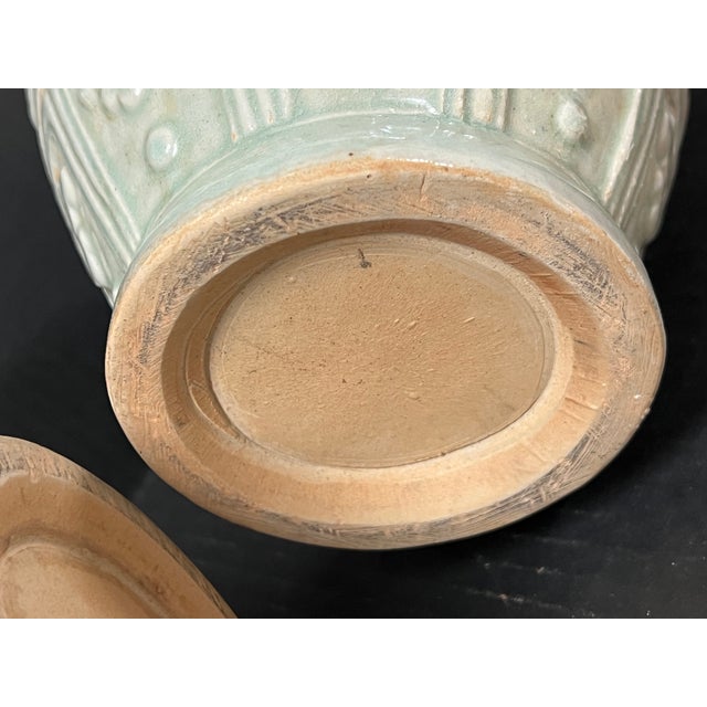 Celadon Pair of Chinese Art Celadon Porcelain Vase Raised Floral Design For Sale - Image 8 of 10