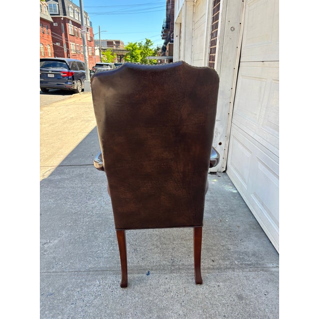 Vintage Hickory Chair Leather Library Armchair | English Georgian Queen Anne Style Accent Chair For Sale - Image 12 of 12