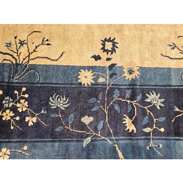 Antique Chinese Peking Rug, Wool Pile, Tan Field, Navy Border, 9' x 12' For Sale - Image 16 of 17