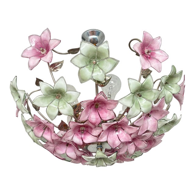 Vintage Italian Murano Style Botanical Flower Ceiling Light, Vintage Handblown Pink Green Glass Bouquet Chandelier, 5-Light Flush Mount For Sale