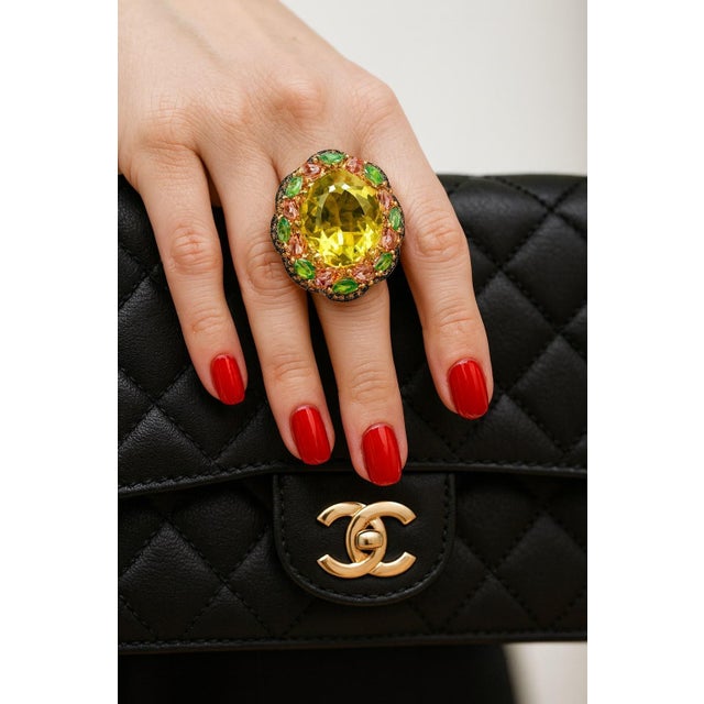 Bochic “Orient” Vintage Diamond, Lemon Quartz & Pink Tourmaline Ring Set 18 K Gold For Sale In New York - Image 6 of 9