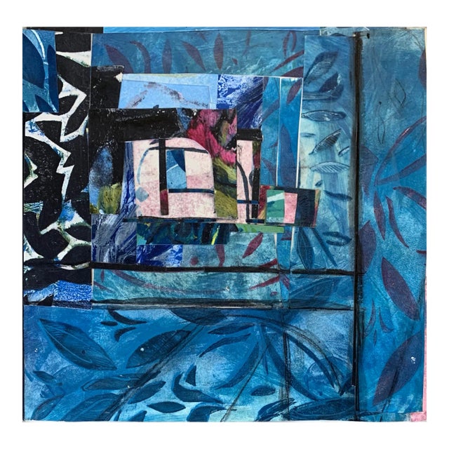 Contemporary Abstract 'Blue Window' Collage, 8x8" For Sale