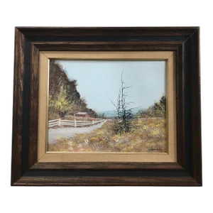 Late 20th Century " Mountainside Farm" Realist Rustic Landscape Oil Painting by John Lewis Egenstafer, Framed