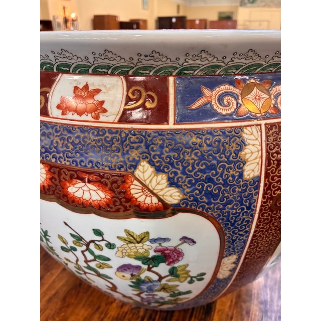 Ceramic Vintage Painted & Glazed Large Scale Chinese Porcelain Fish Bowl W/ Peony Flowers & Butterflies For Sale - Image 7 of 11