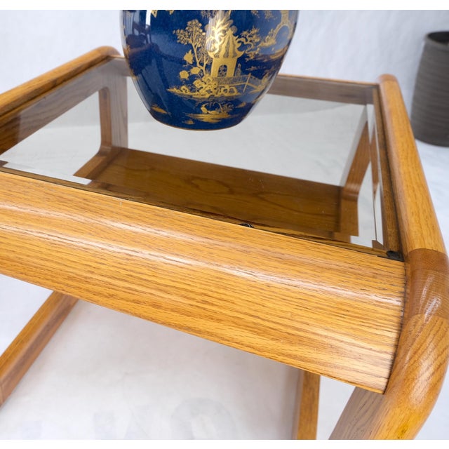 Pair of Mid-Century Solid Oak Smoked Glass Top End Side Tables W Shelves Mint! For Sale - Image 11 of 18