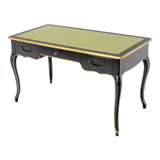 Baker Country French Black Lacquer Gold Trim Leather Desk Console For Sale