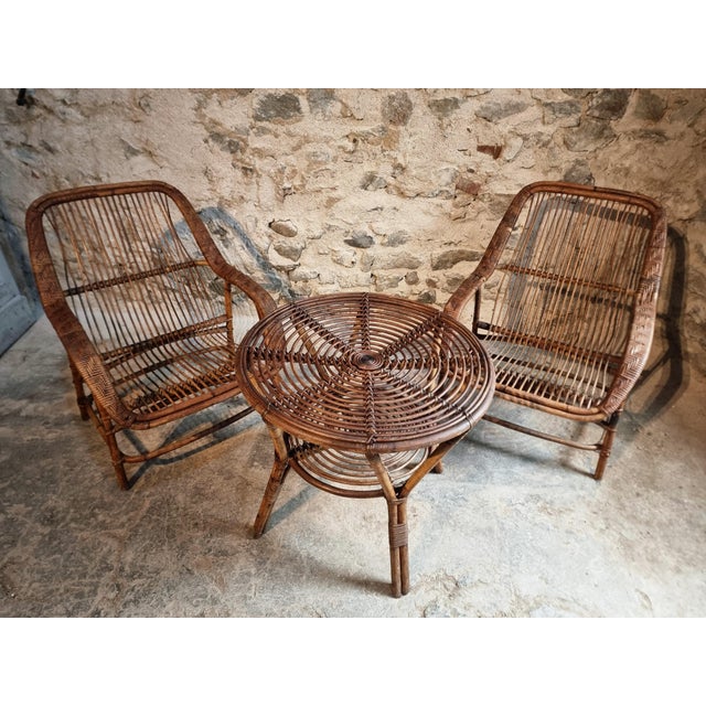 Brown Vintage Rattan Lounge Set, France, 1940s, Set of 3 For Sale - Image 8 of 18