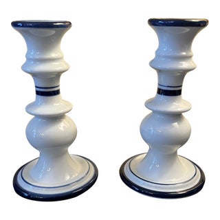 Dansk Bistro Blue and White Japanese Candlestick Holders - a Pair For Sale