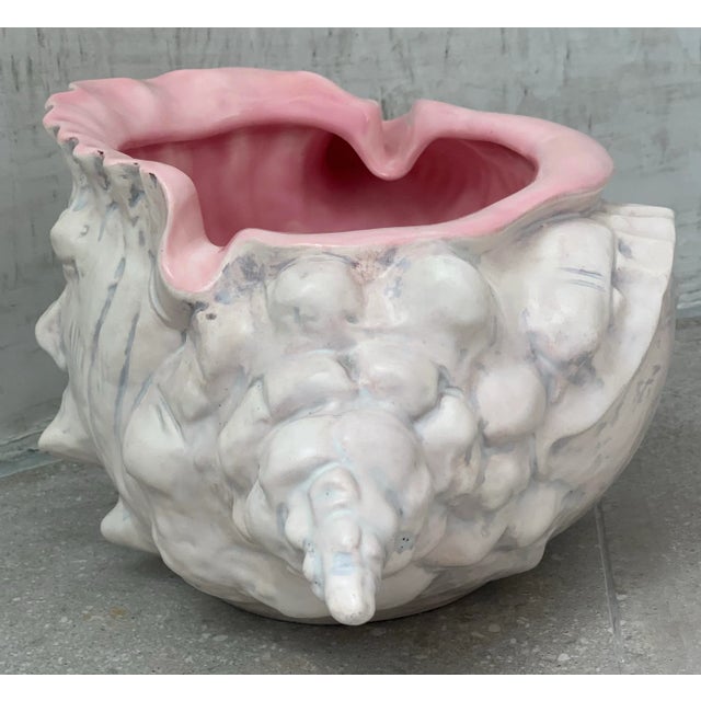 1978 Vintage Hollywood Regency Ceramic Conch Beach Shell Pink Coastal Cachepot, Planter For Sale - Image 4 of 12